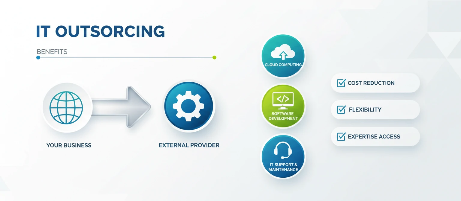 Infographic explaining IT outsourcing with icons for different services like cloud computing