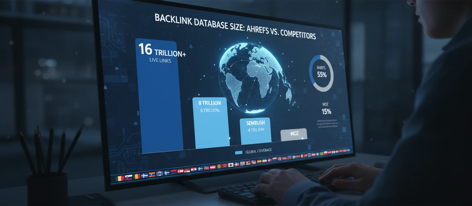 Infographic illustrating Ahrefs' backlink database size compared to competitors