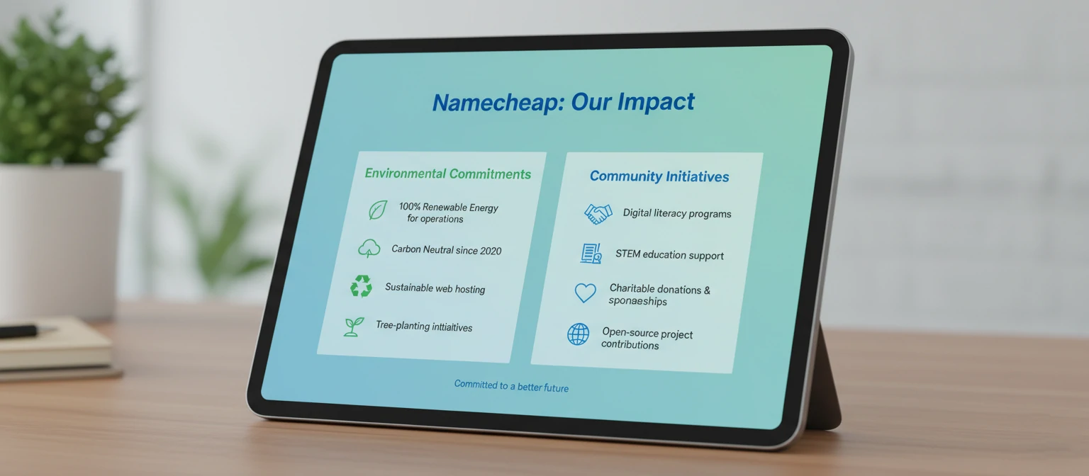 Infographic showing Namecheap's environmental commitments and community initiatives