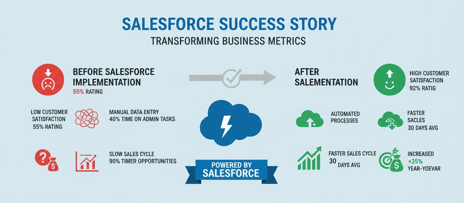 Infographic showing before and after metrics of a Salesforce implementation success story