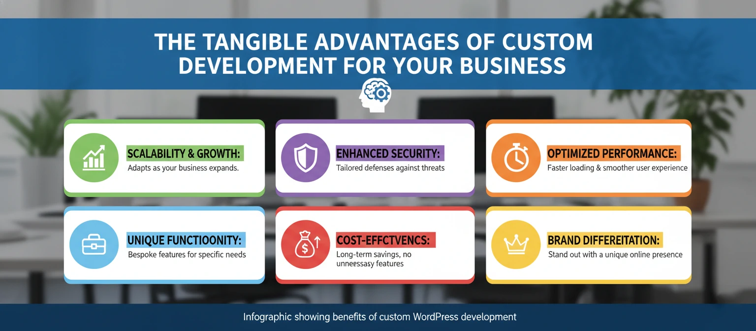 Infographic showing benefits of custom WordPress development