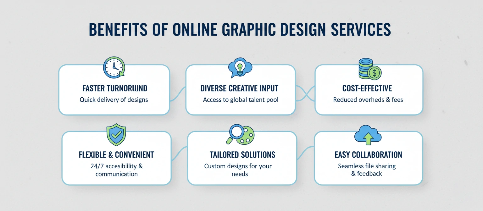 Infographic showing benefits of online graphic design services with icons and text