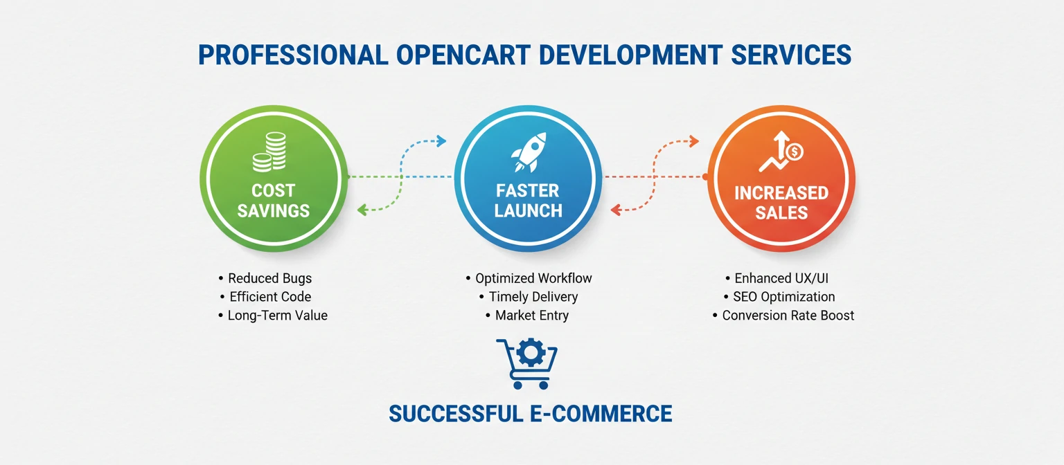 Infographic showing benefits of professional OpenCart development services