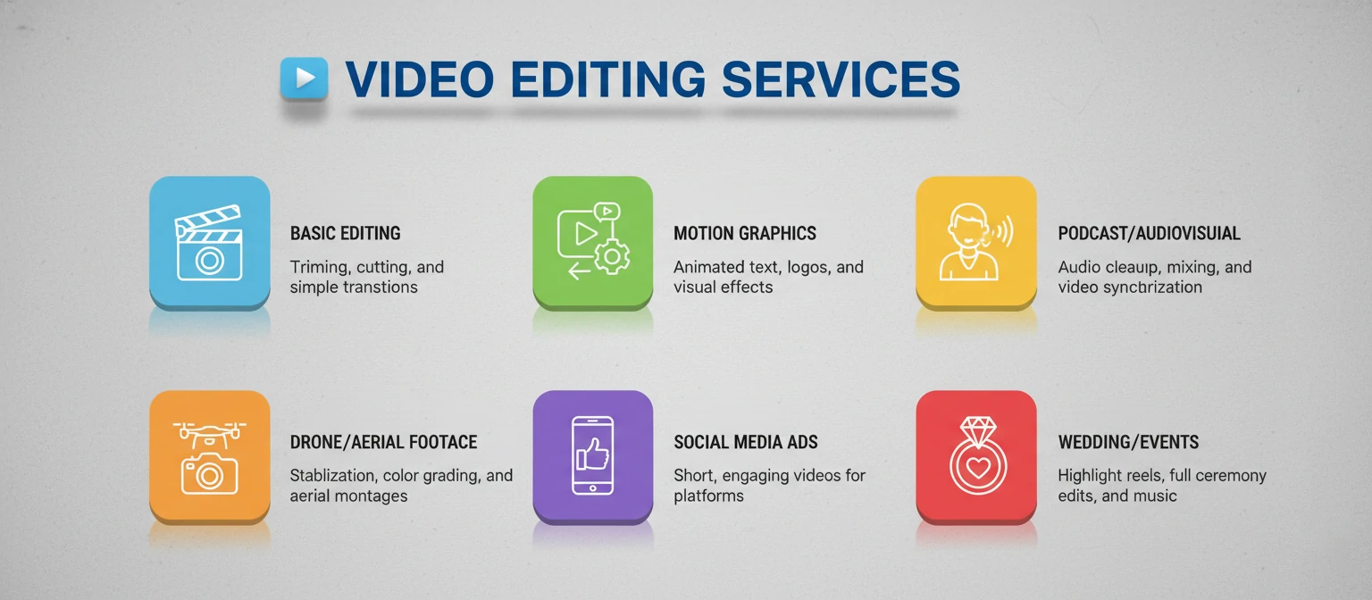 Infographic showing different video editing services with icons and brief descriptions