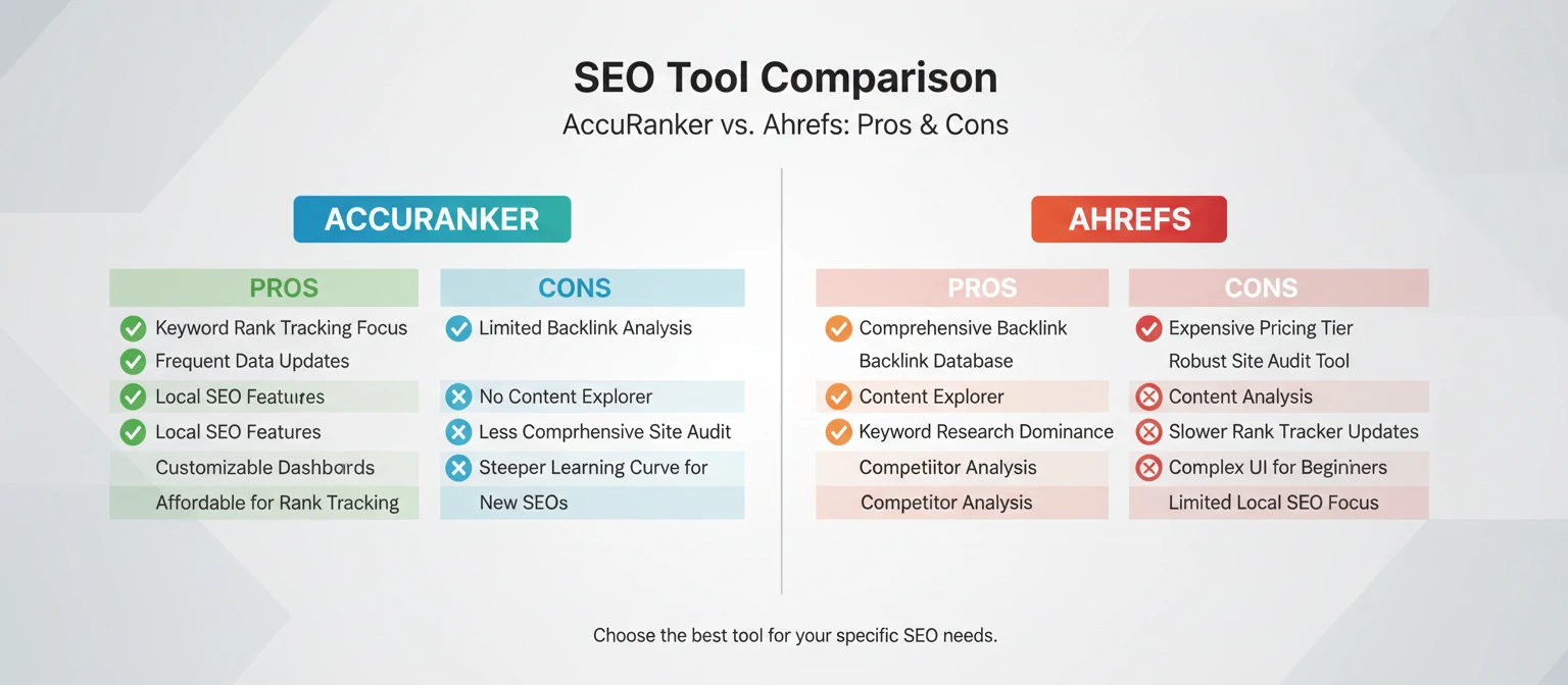 Infographic showing pros and cons of AccuRanker and Ahrefs side by side