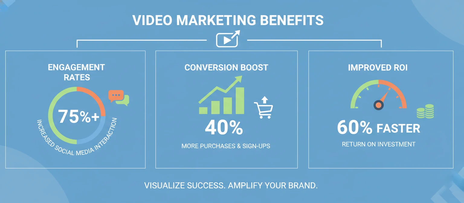 Infographic showing statistics on video marketing benefits like engagement rates