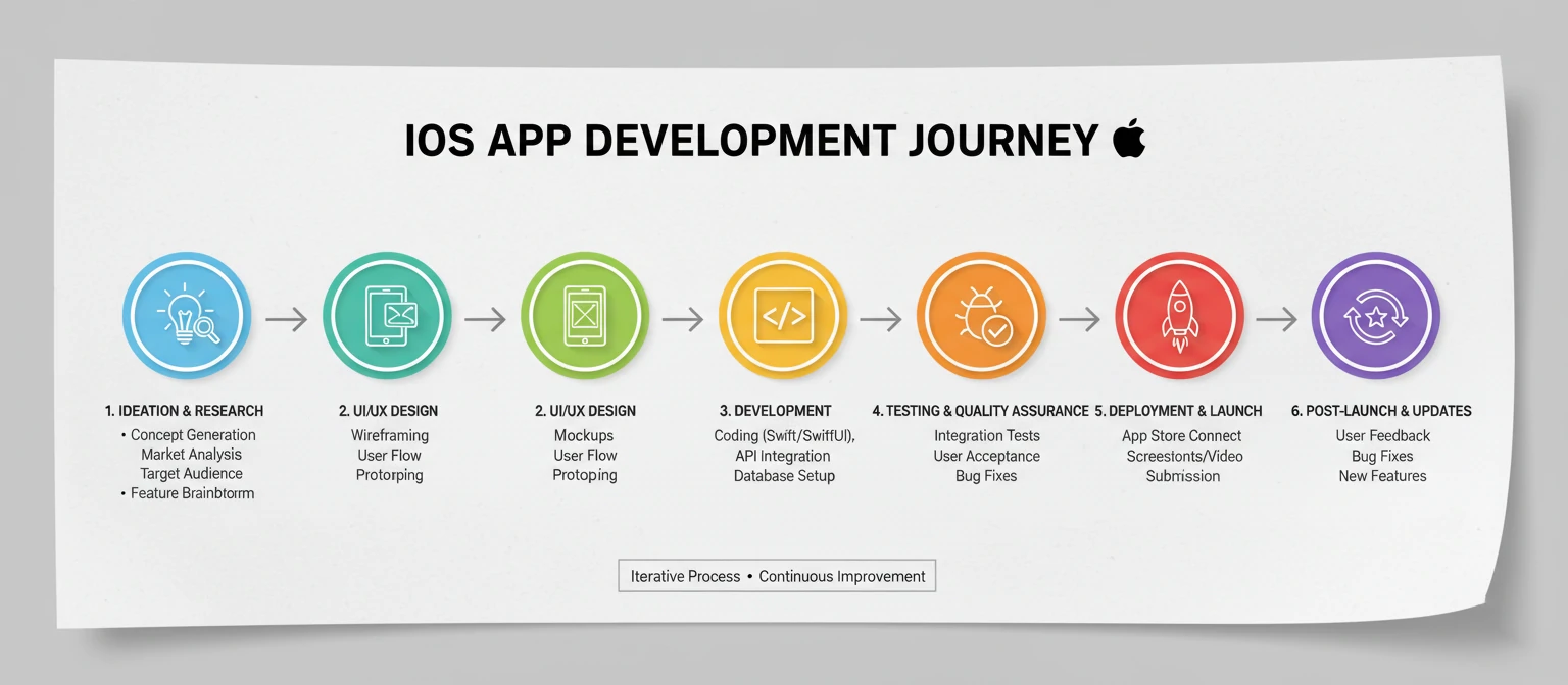 Infographic showing the iOS development process from ideation to launch