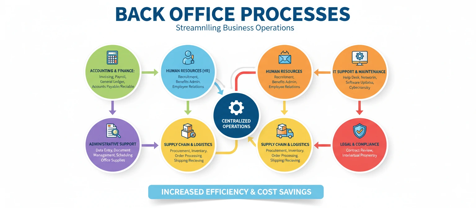Infographic showing various back office processes like accounting, HR, and IT support
