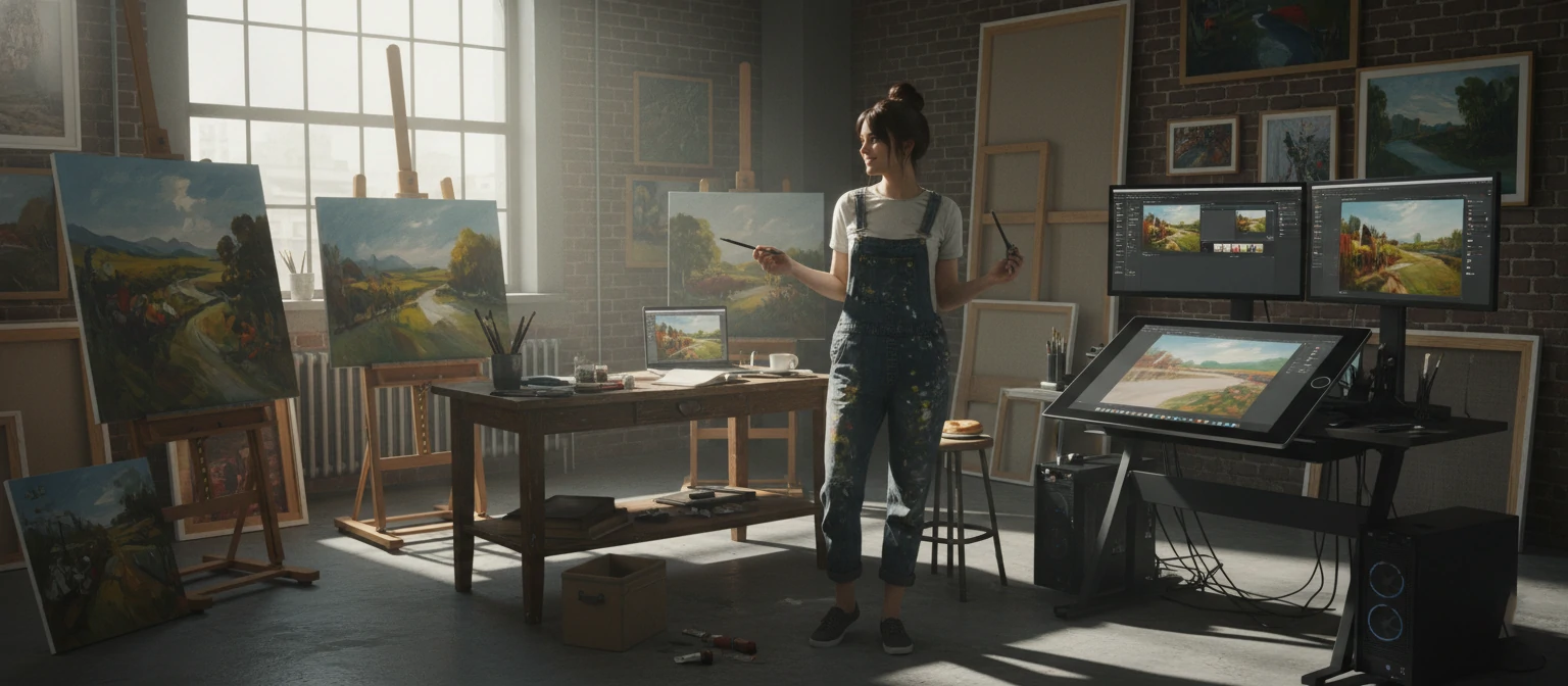 Isabella in an art studio with canvases and editing equipment, blending traditional and digital art