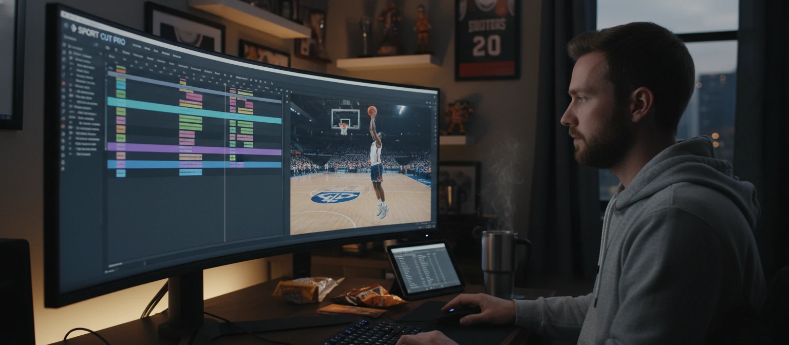 James watching sports footage on a large monitor, with editing software open and coffee nearby