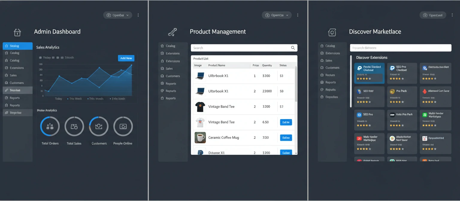 Key features of OpenCart platform including admin dashboard