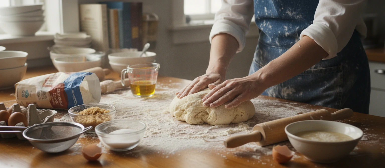 Kitchen counter covered in flour, dough, and baking ingredients