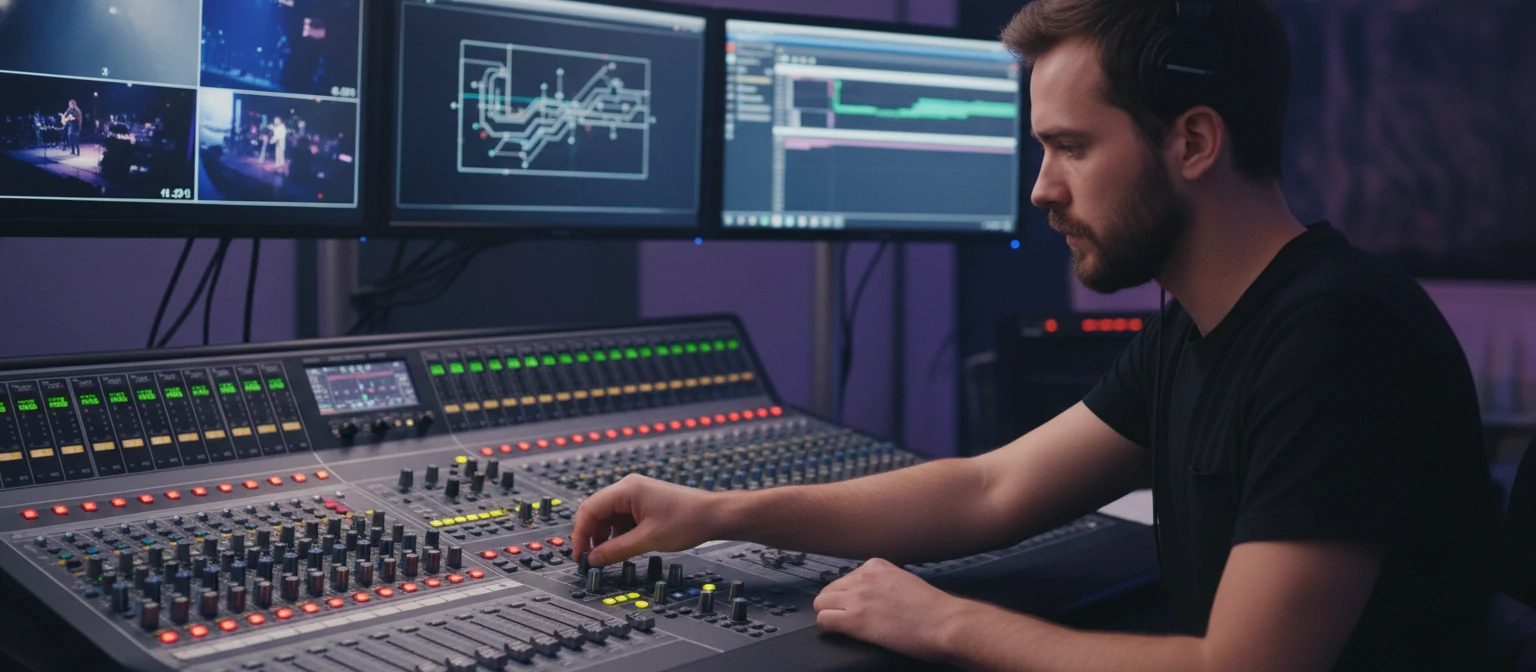 Liam adjusting audio levels on a professional soundboard with video monitors in the background