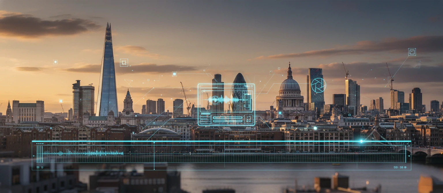 London skyline with video editing equipment overlay