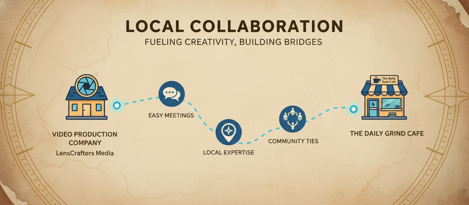 Map graphic showing a local business connected to a nearby video production company