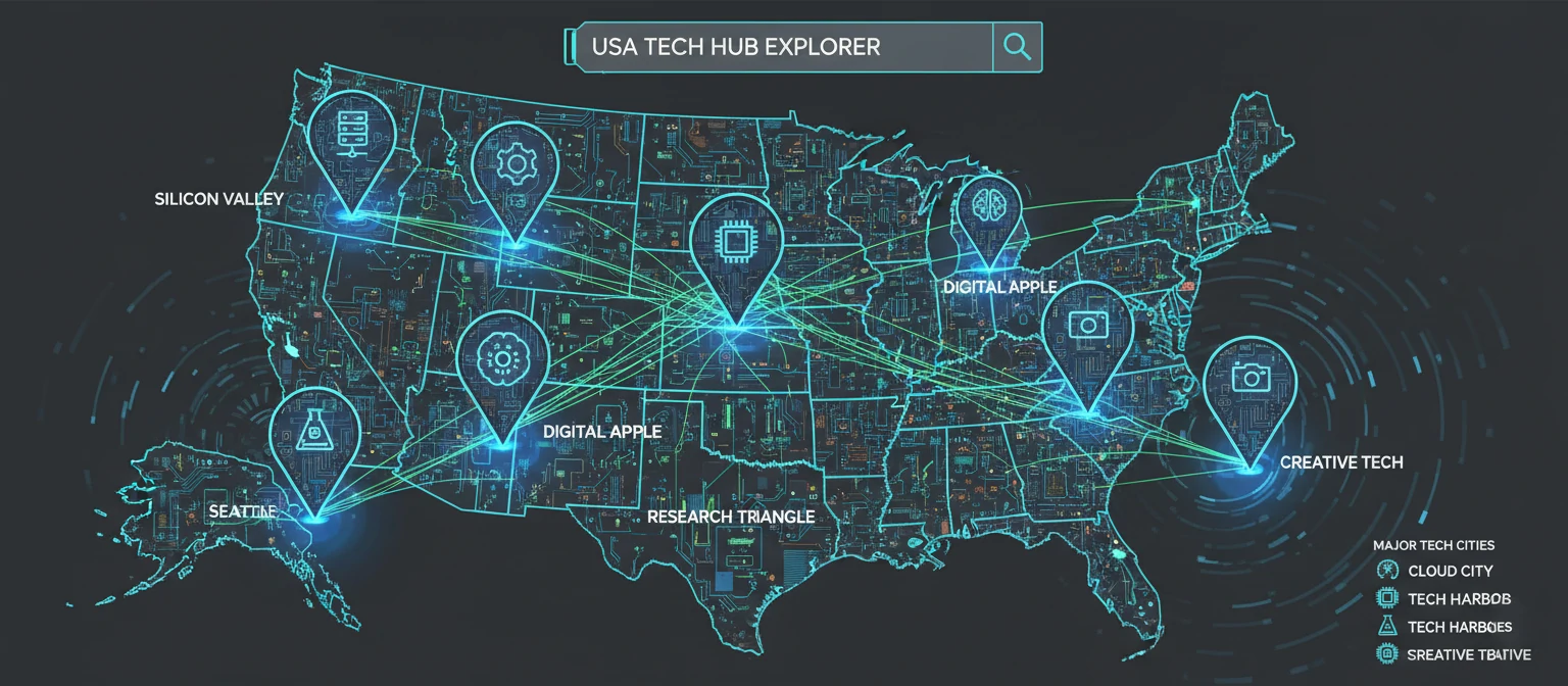 Map highlighting major US tech hubs like Silicon Valley and New York