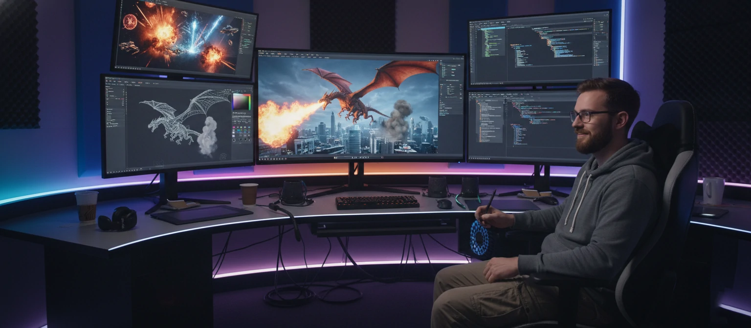 Marcus at his workstation with multiple screens displaying 3D animations and special effects