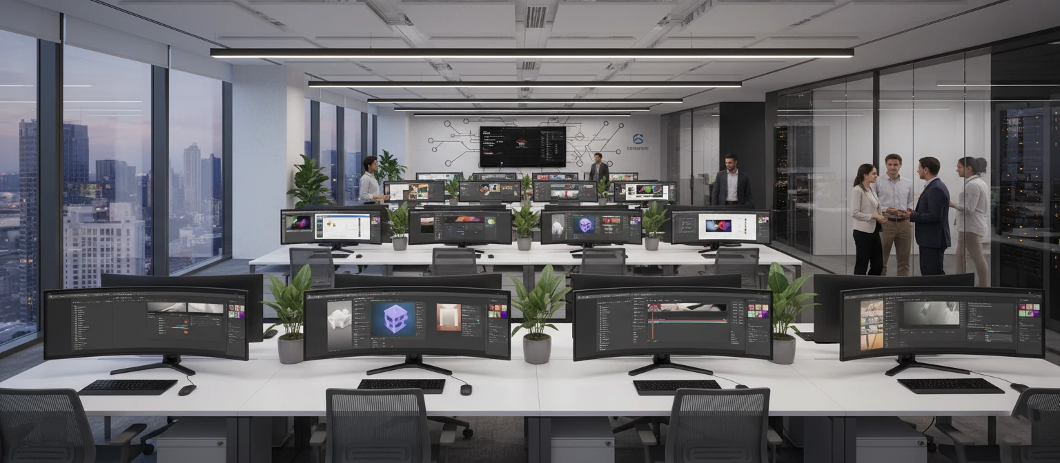 Modern enterprise office with multiple workstations showing Adobe Creative Cloud applications