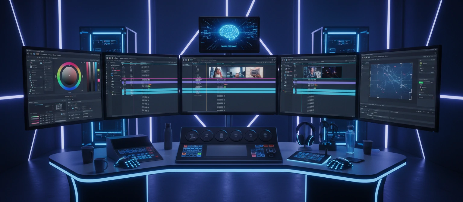 Modern video editing workspace showing multiple monitors with editing software timelines