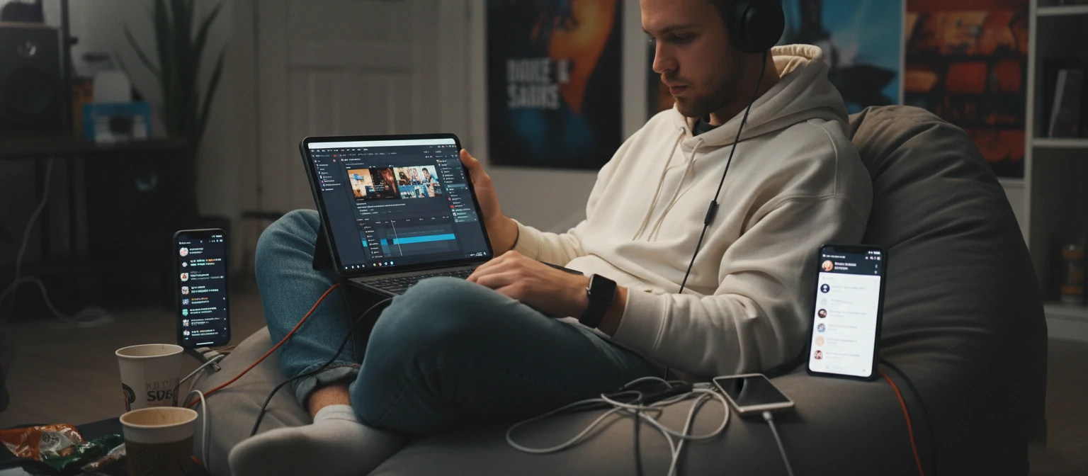 Oliver editing on a mobile setup with multiple devices displaying social media platforms