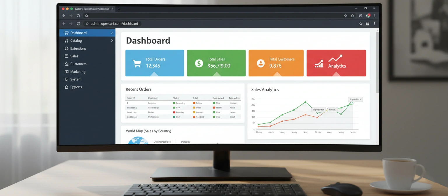OpenCart admin dashboard displaying key features and management tools