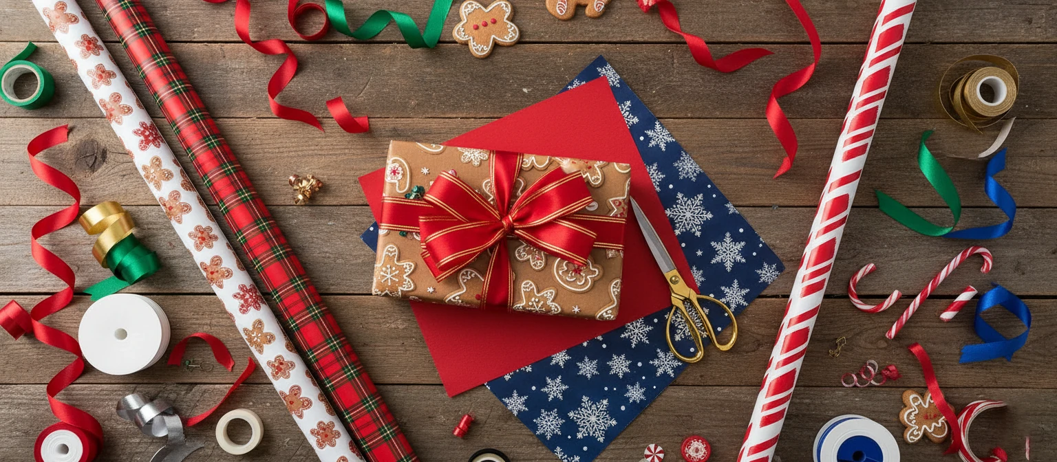Overhead view of a wooden table covered in colorful wrapping paper