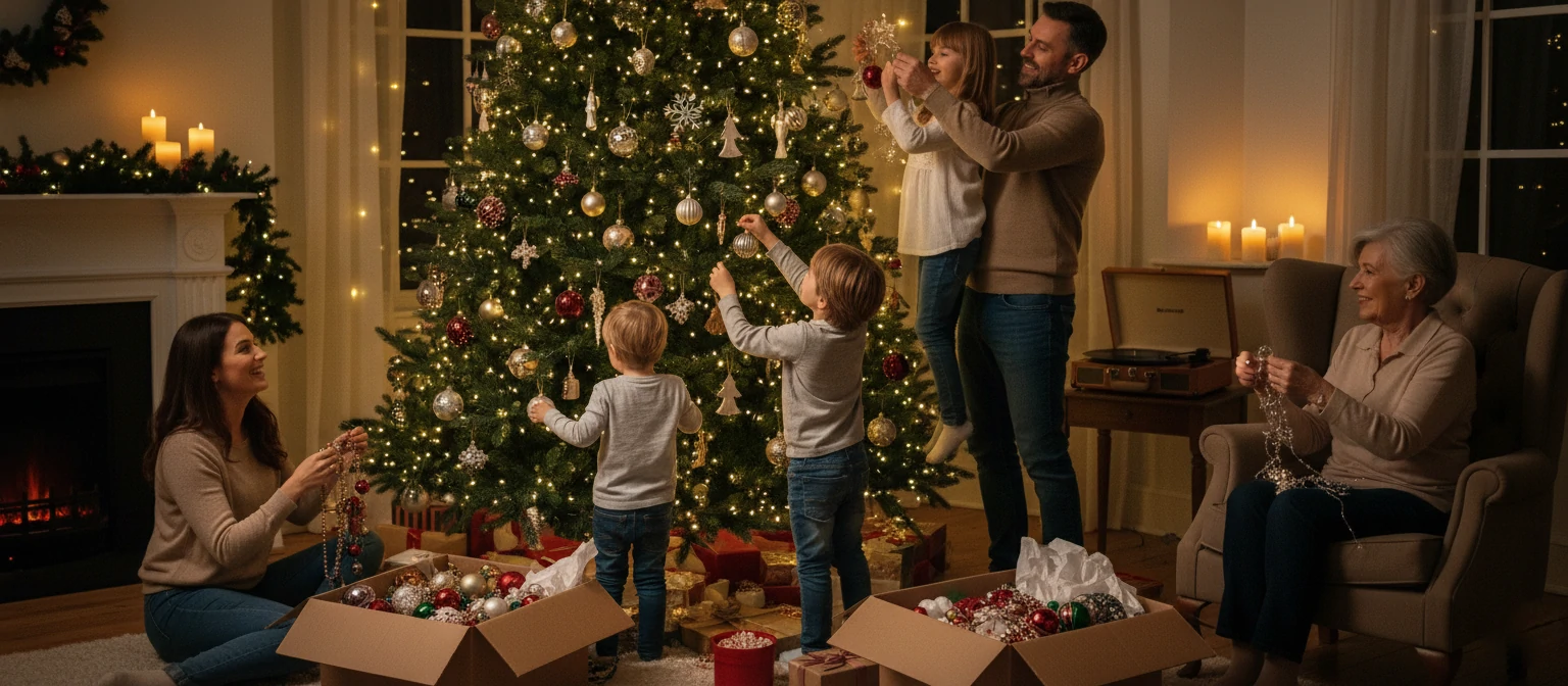 People hanging ornaments on a Christmas tree, boxes of decorations open