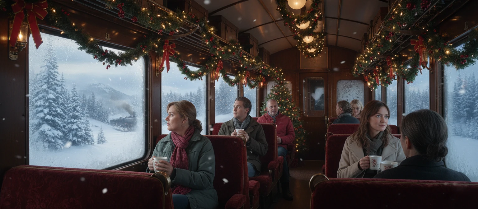 People on train, with holiday decorations inside, looking out at snowy landscape