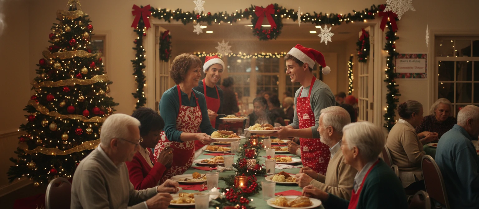 People serving food at community center, smiling, holiday decorations around