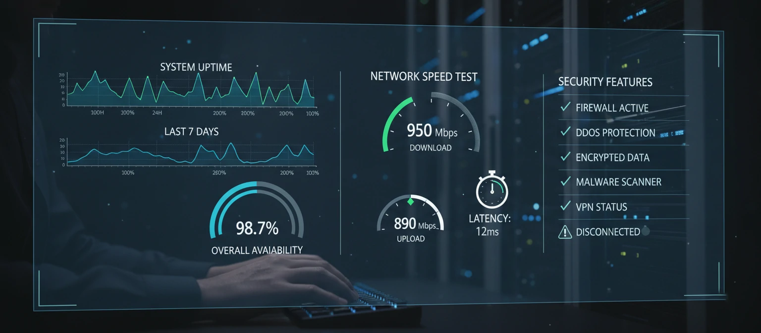 Performance metrics dashboard showing uptime graphs, speed test results, and security features