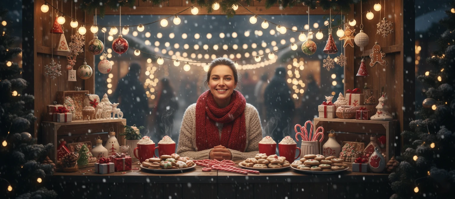 Person at a stall with Christmas ornaments and treats, smiling, market lights in background