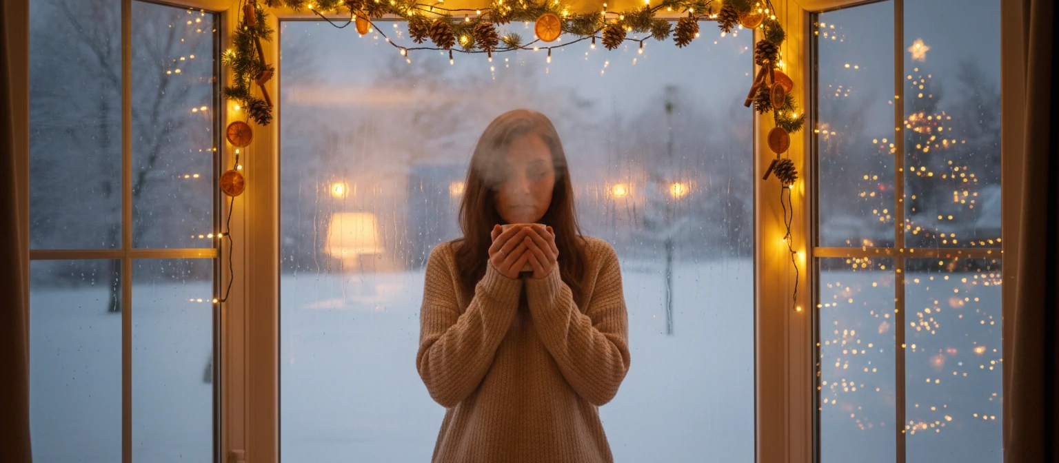 Person in front of a window with lights and decorations, reflection in glass, snow outside