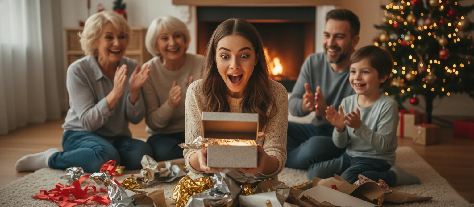 Person unwrapping a gift, surprised expression, family watching with smiles