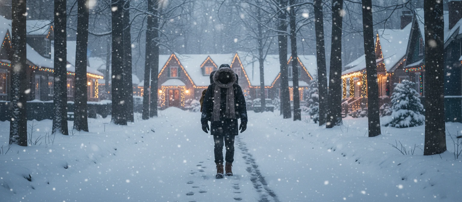 Person walking through a snow-covered path, with falling snow