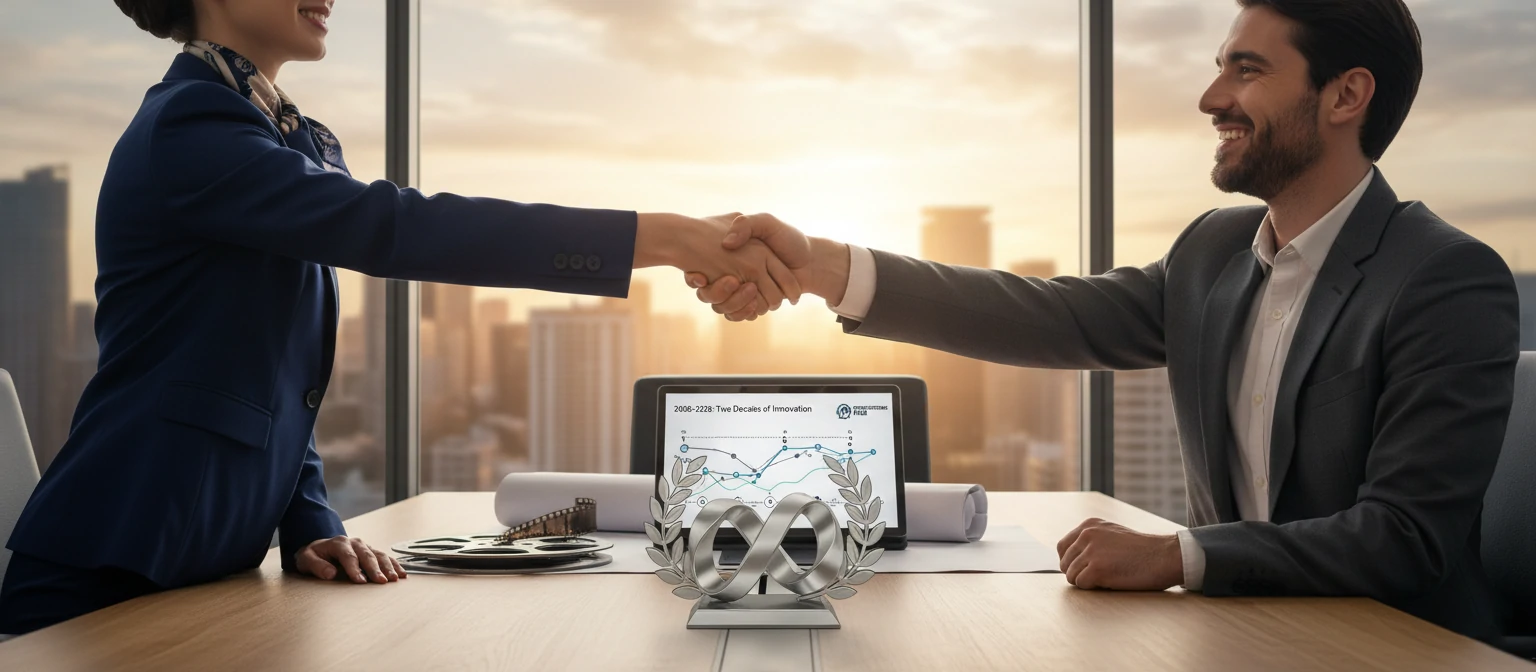 Photo of a business handshake or partnership meeting, symbolizing the long-term collaborative relationship between client and production company