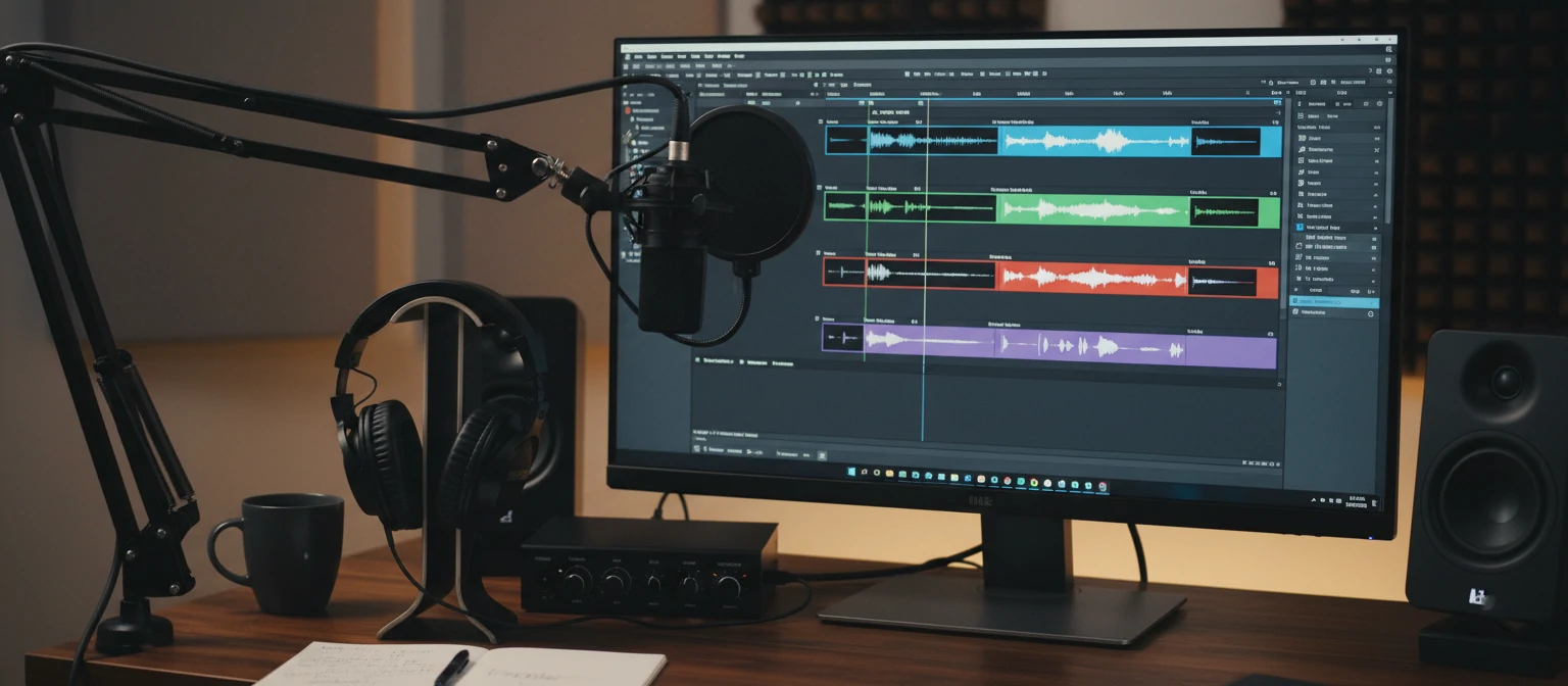 Podcast recording setup with microphone, headphones, and Adobe Audition interface on computer screen showing multitrack session