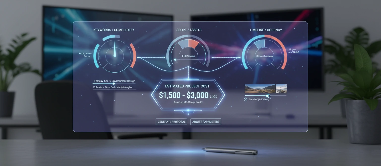Pricing calculator or budget planning visual showing how different factors