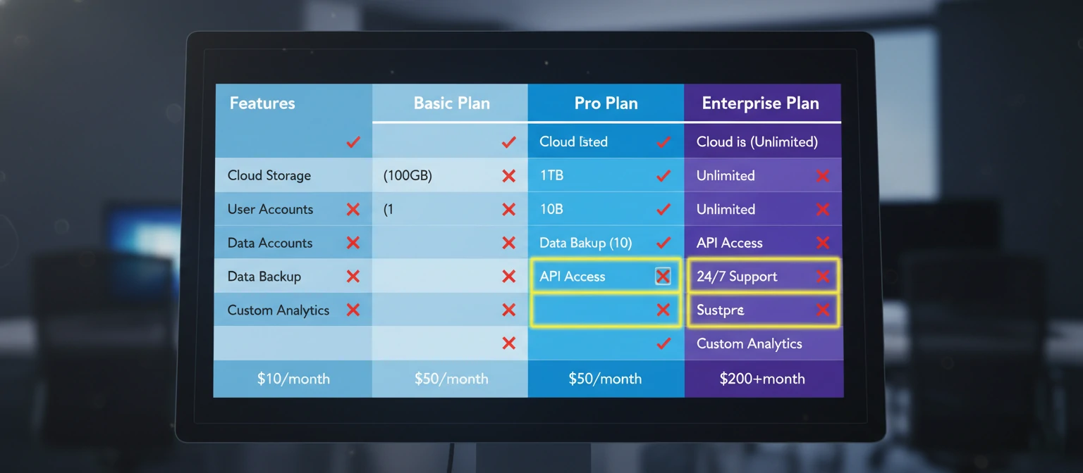 Pricing comparison table graphic with highlighted differences in features per plan