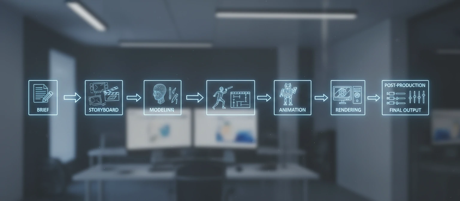 Production pipeline diagram showing stages from brief through storyboard