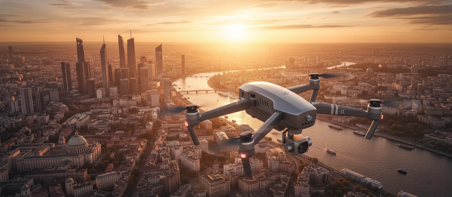 Professional drone capturing stunning aerial city views