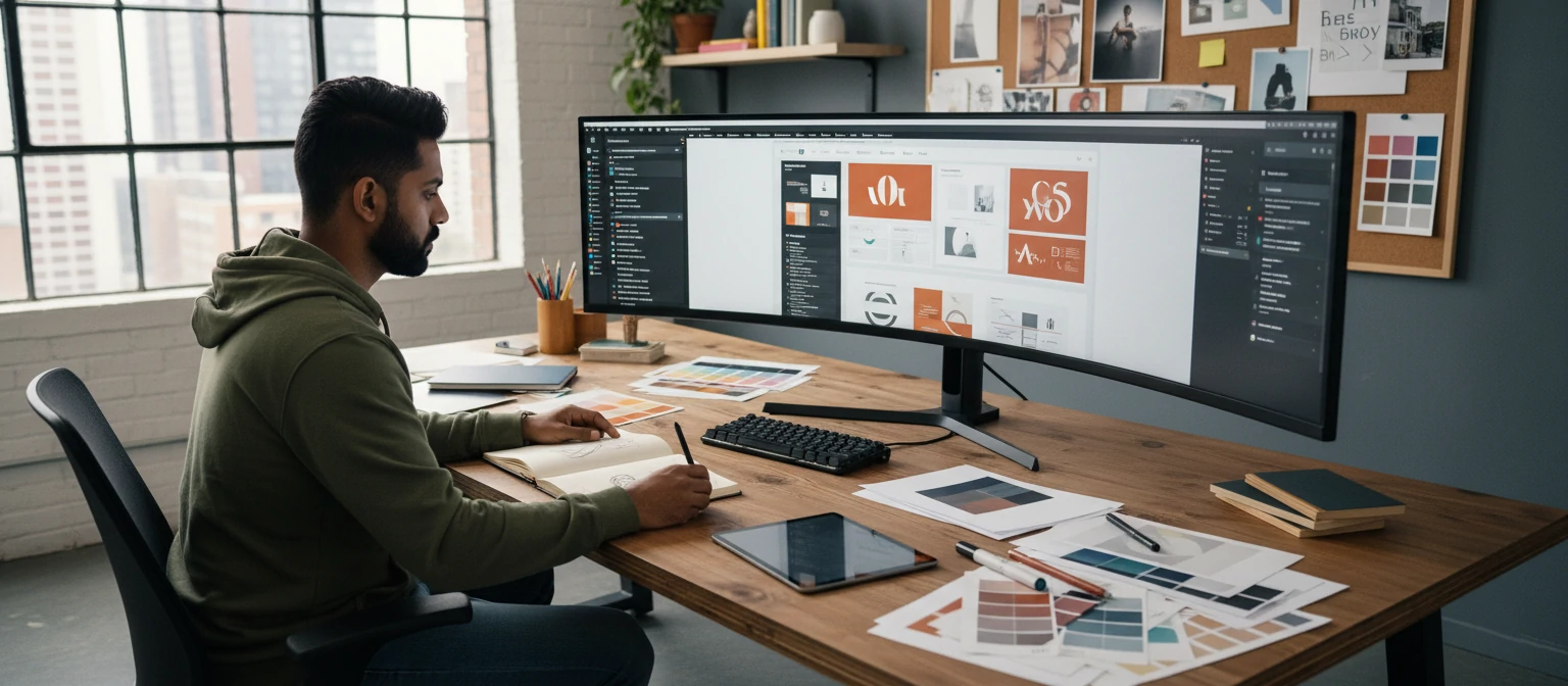 Professional graphic designer creating brand identity materials in creative studio