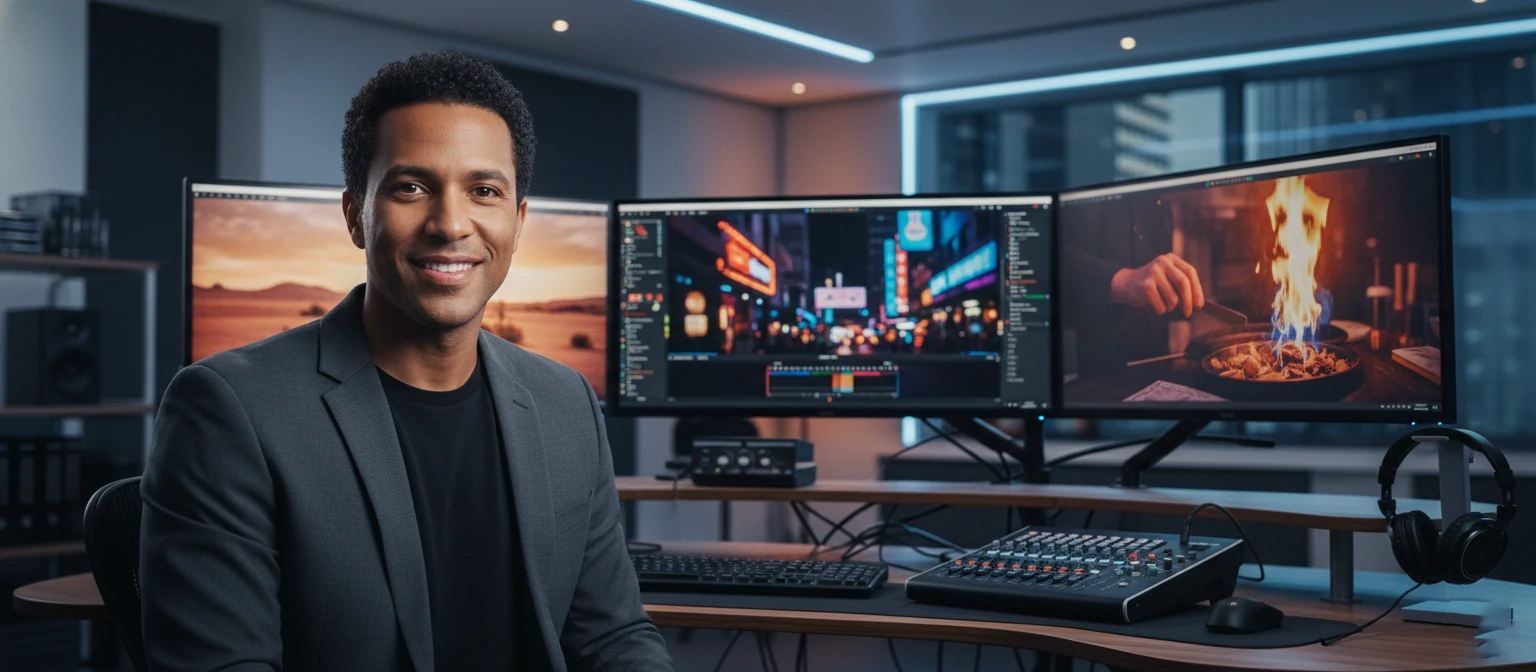 Professional headshot of Alex in a modern editing studio, with screens showing vibrant video edits