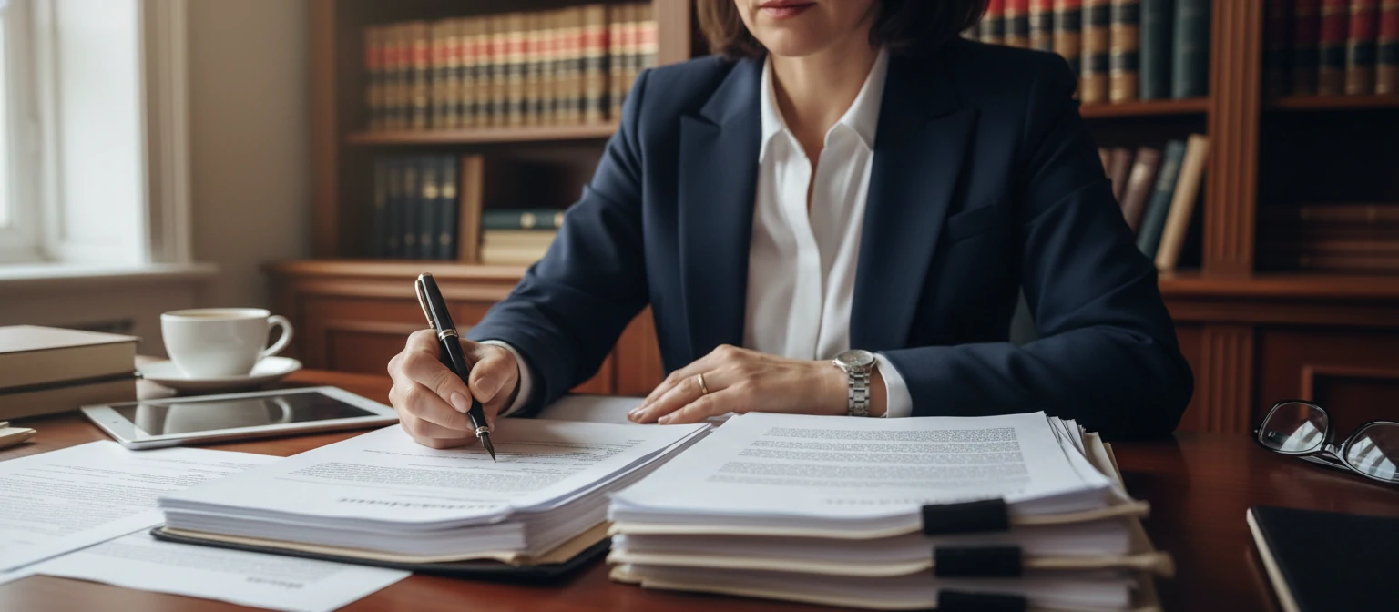 Professional lawyer drafting legal documents with pen
