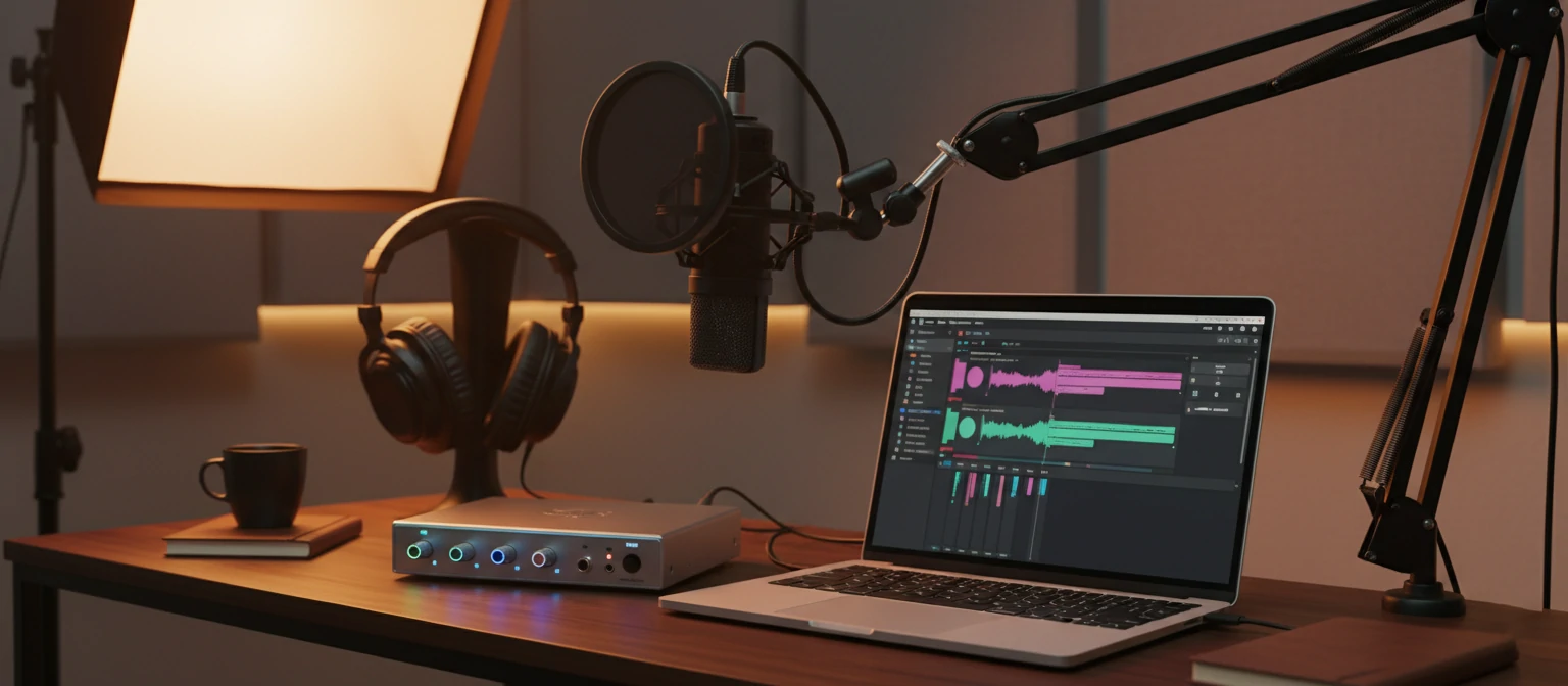 Professional podcast recording setup showing a microphone with pop filter, headphones, audio interface, and laptop with recording software