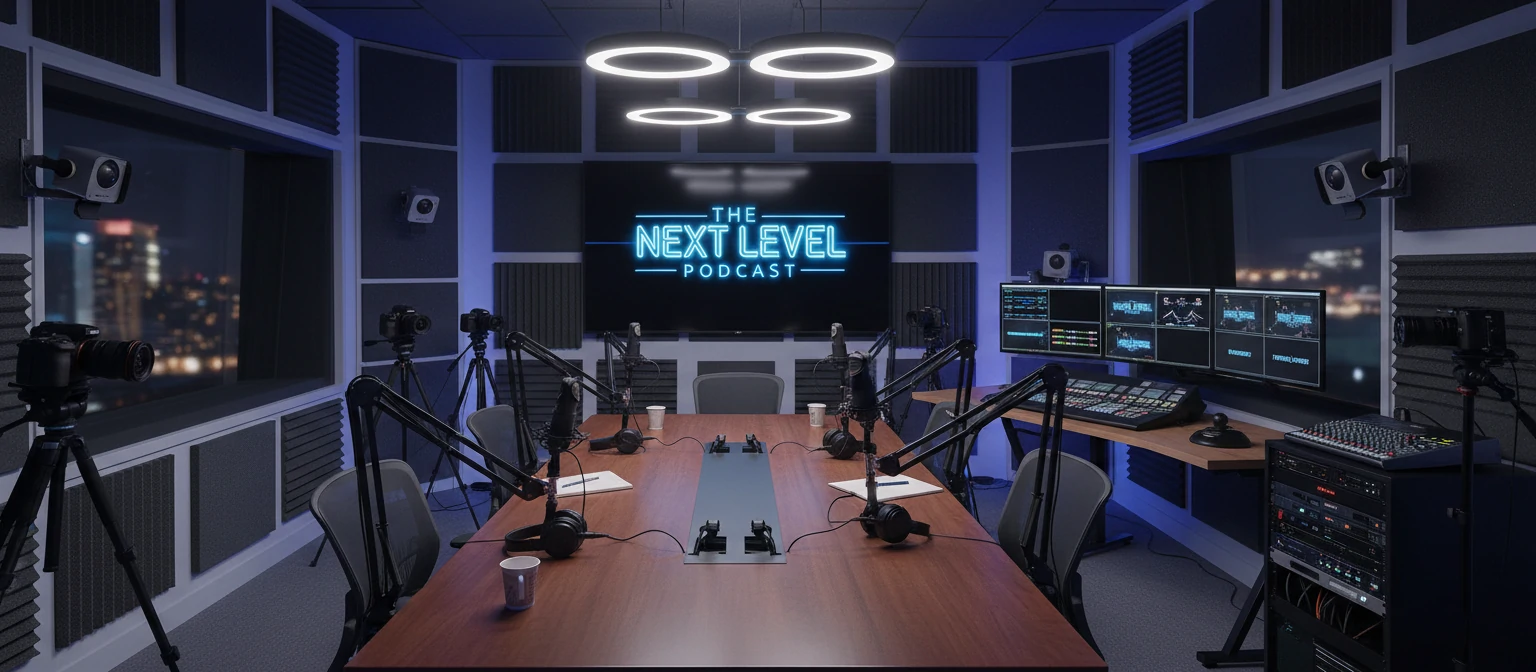 Professional podcast studio with multiple cameras, ring lights, acoustic panels, broadcast microphones, and a video switching setup