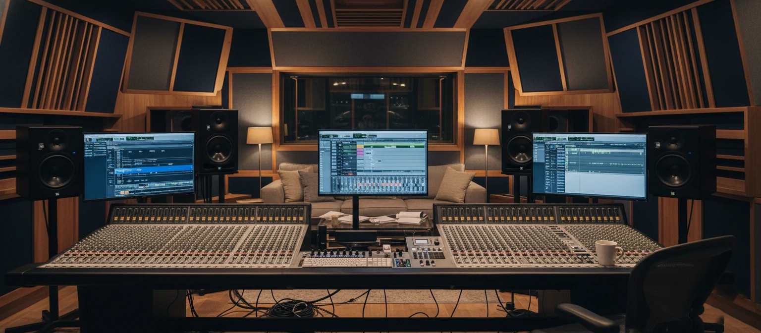 Professional recording studio control room with Pro Tools running on multiple monitors
