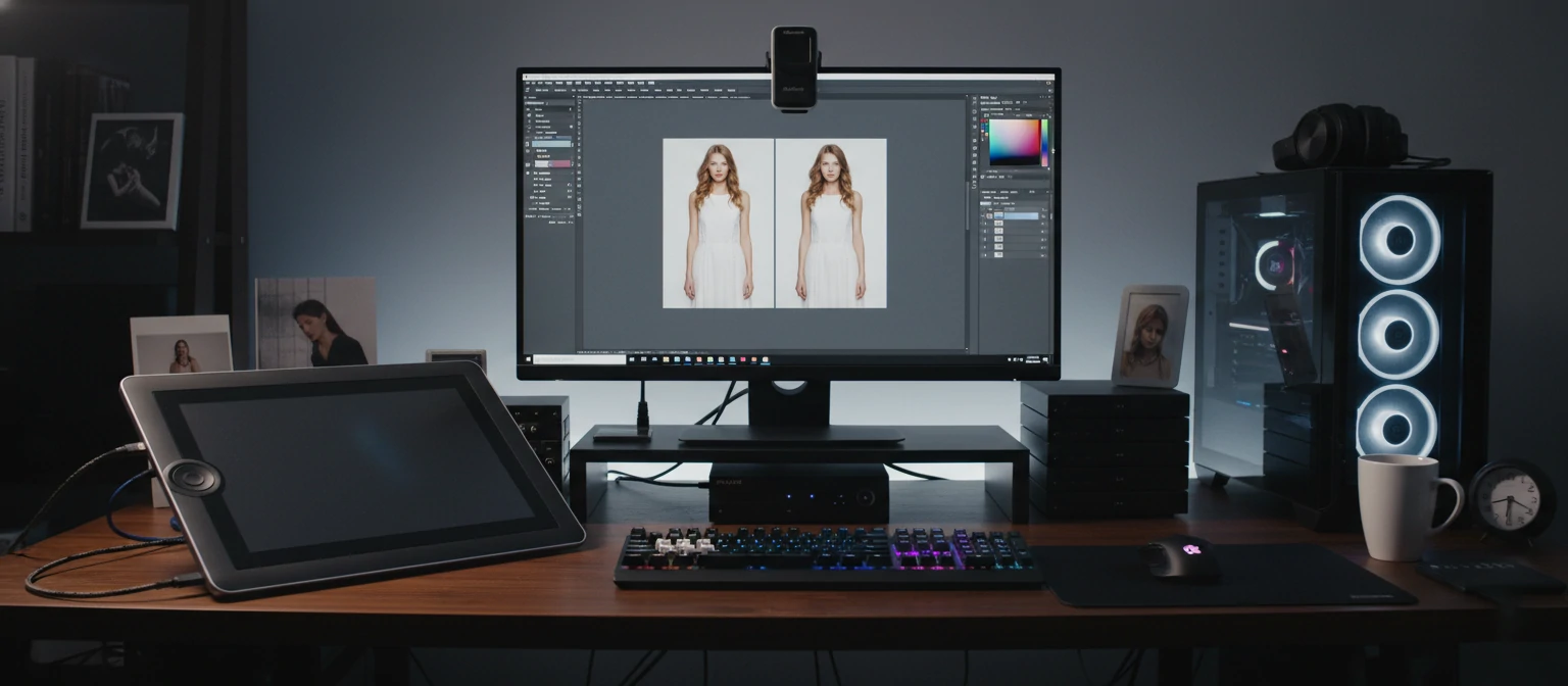 Professional retoucher workspace showing a color-calibrated monitor