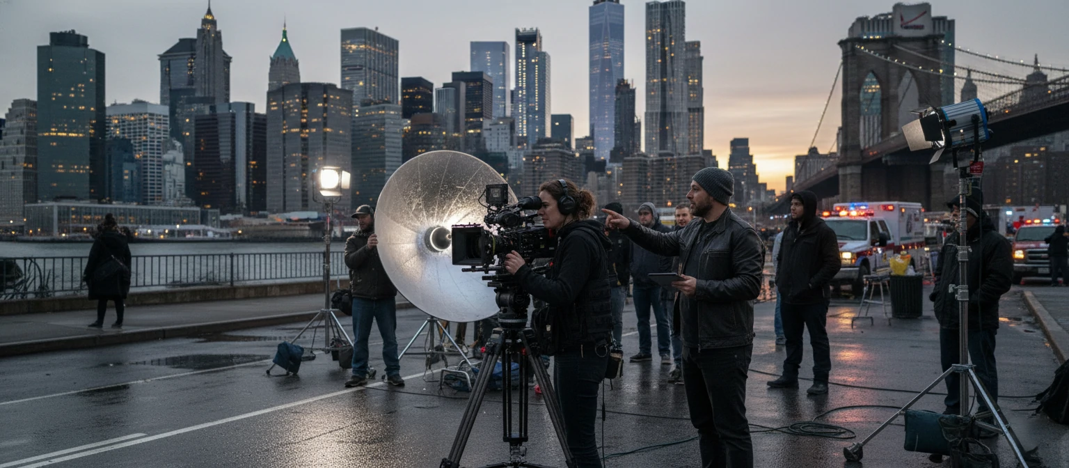 Professional video production crew filming on location in an urban setting