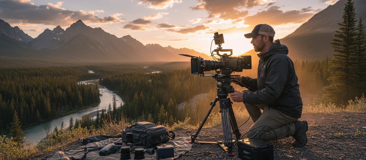 Professional videographer filming a scenic landscape with camera equipment