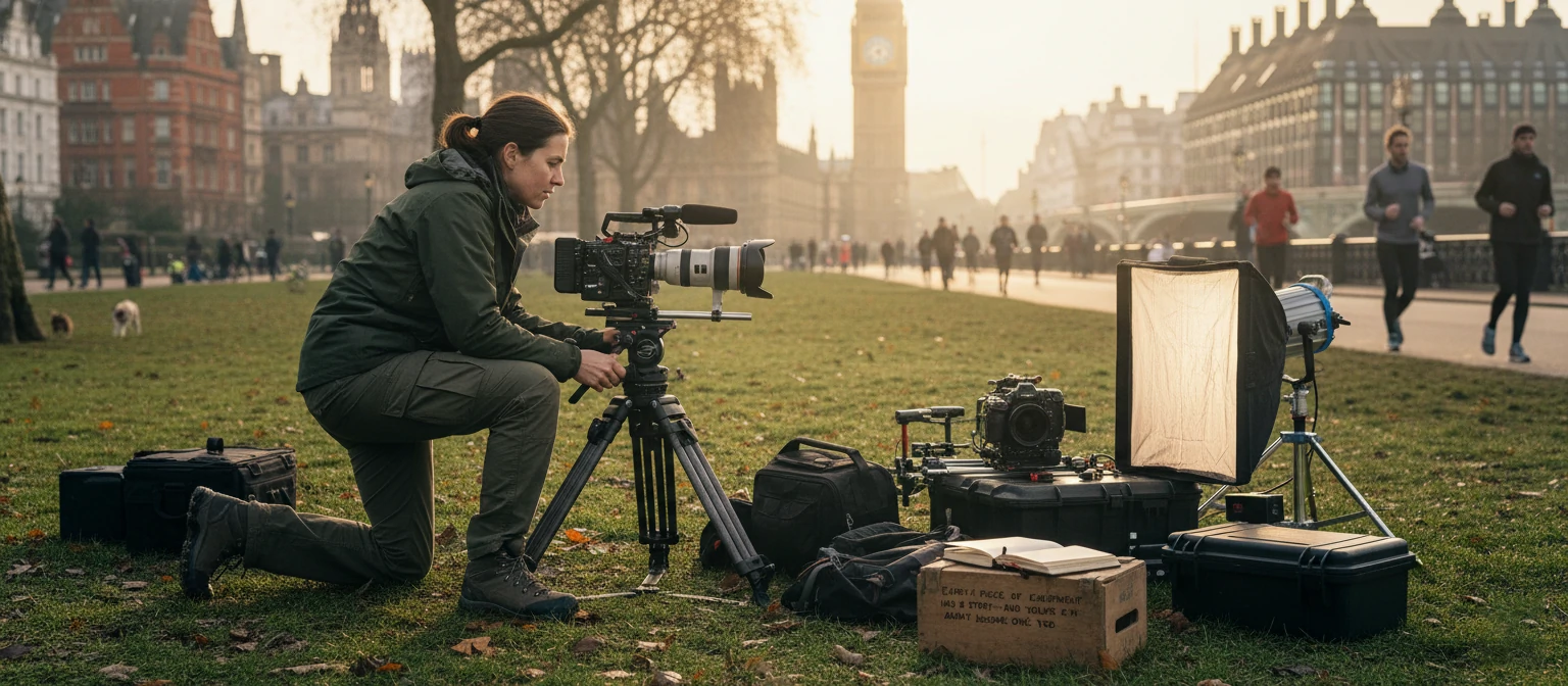 Professional videographer setting up equipment in London park